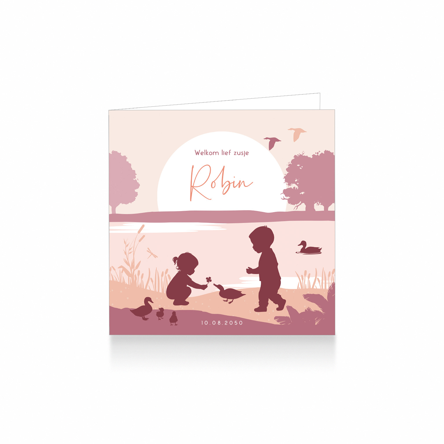 2282-Trendy silhouet geboortekaartje voor een tweede kindje, een meisje. Op dit leuke kaartje geeft een meisje een klavertjevier aan een eendje langs de waterkant in een Hollands landschap met water, eendjes, riet en bomen. Haar lieve grote broer kijkt toe.