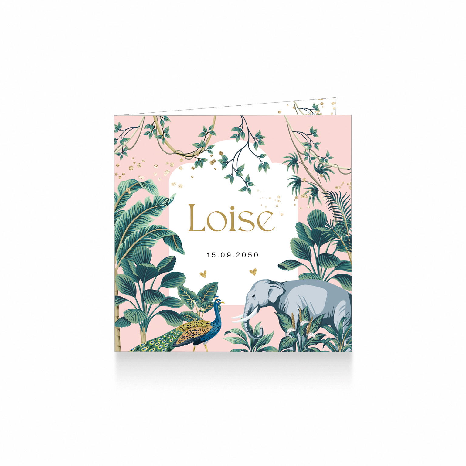 2296-Botanisch jungle dieren geboortekaartje voor een meisje met een tropische illustratie van een olifant, pauw, palmbladeren, bananenboom en lianen op een roze achtergrond met goud glitter confetti.